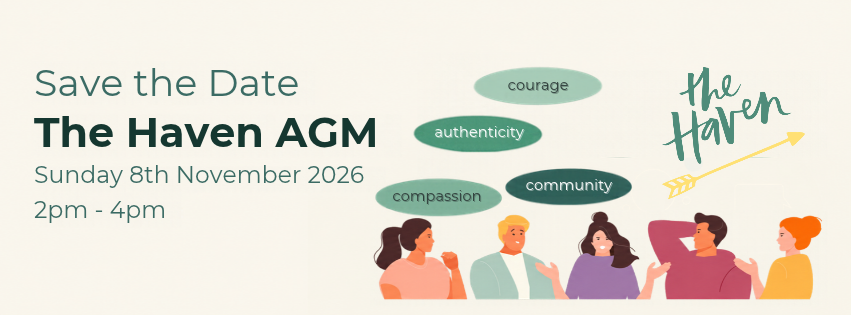 Illustration promoting The Haven AGM event with the date, time, and key values such as courage, authenticity, compassion, and community, featuring diverse people engaging with each other.